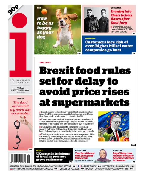 The headline in the i reads: "Brexit food rules set for delay to avoid price rises at supermarkets". 