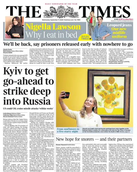 Times front page with the headline "Kyiv to get go-ahead to strike deep into Russia"