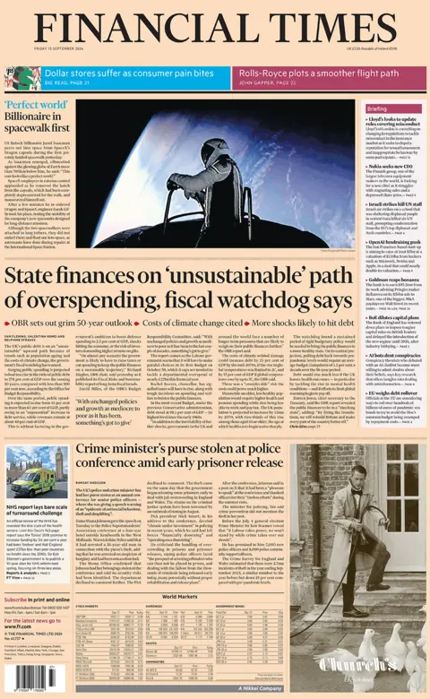 Financial Times headline reads: State finances on 'unsustainable' path of overspending, fiscal watchdog says