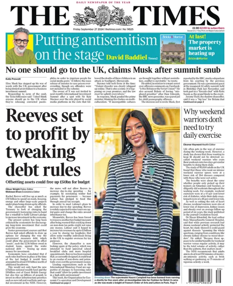 The front page of the Times. The headline reads: 'Reeves set to profit by tweaking debt rules'.