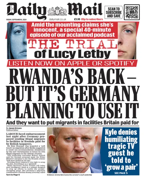 The headline in the Mail reads: "Rwanda's back - but it's Germany planning to use it". 