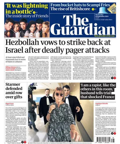 The Guardian headlines "Hezbollah vows to strike back at Israel after deadly pager attacks" 