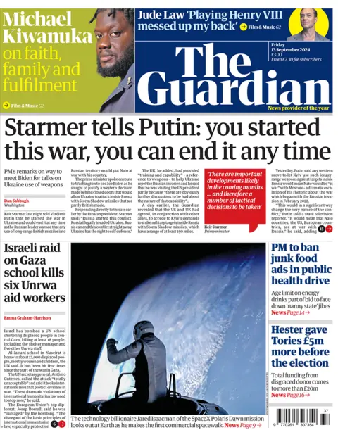 Headline of the Guardian reads: Starmer tells Putin: you started this war, you can end it at any time