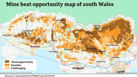 Coal Authority A map of south Wales which has been highlighted using different colours such as brown, orange and yellow to indicate the various coal mines with the potential for a heat scheme. 