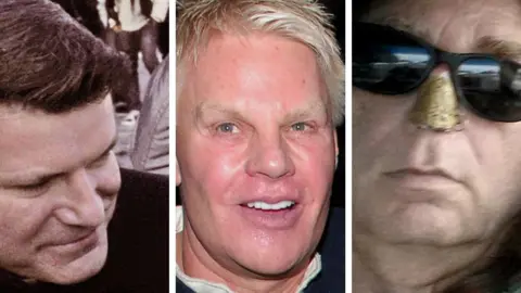 Getty Images / Handout A composite image showing the rarely photographed Matthew Smith from an event in Paris in 2012, Mike Jeffries at an A&F store opening in 2005, and James Jacobson, who is wearing sunglasses and has a snakeskin patch over his missing nose