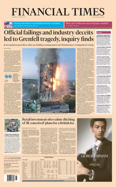 The headline in the Financial Times reads: "Official failings and industry deceits led to Grenfell tragedy, inquiry finds".