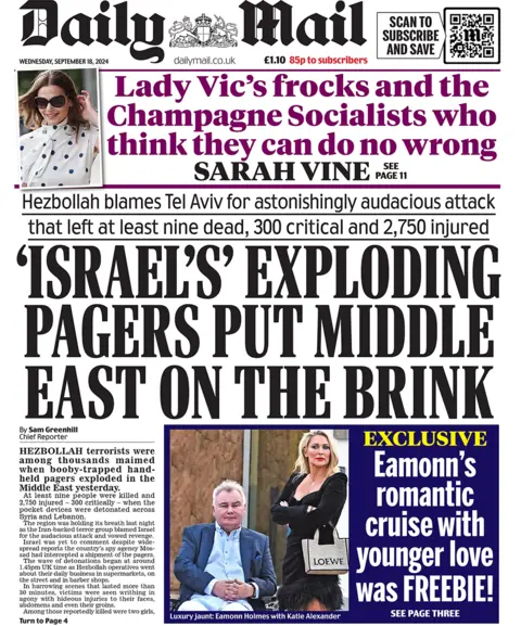 Daily Mail headline reads "Israel's exploding pagers put Middle East on the brink" 