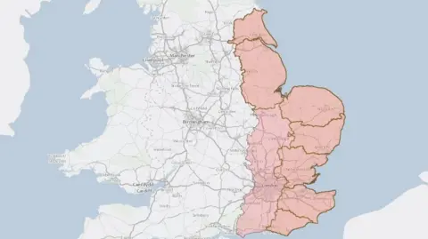 DEFRA A screenshot of a map from the government's website, showing zone areas from East Yorkshire down to Surrey and Sussex