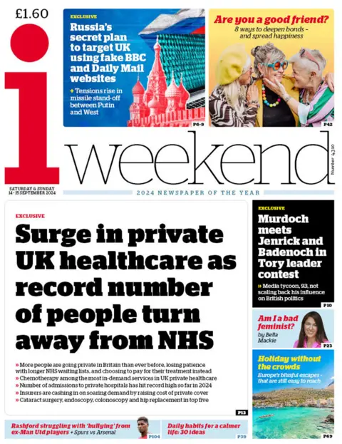 The headline on the front page of the i reads:  'Exclusive: Surge in private UK healthcare as record number of people turn away from NHS'.