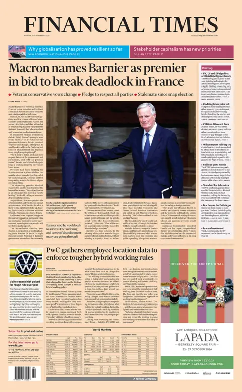 The headline in the Financial Times reads: "Macron names Barnier as premier in bid to break deadlock in France". 