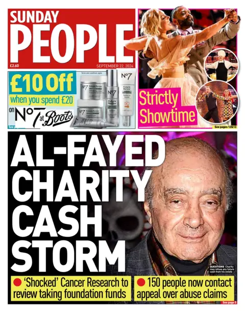 The Sunday People headline reads: Al-Fayed charity cash storm 