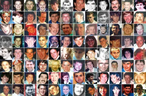 PA Media A collage showing 96 of the Liverpool fans who died in the 1989 disaster