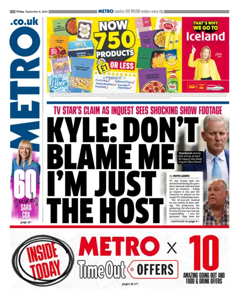 The headline in the Metro reads: "Kyle: Don't blame me I'm just the host"