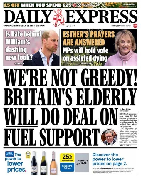 The headline in the Express reads: "We're not greedy! Britain's elderly will do deal on fuel support". 