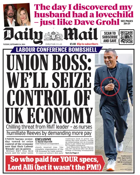 The front page of the Daily Mail. The headline reads: 'Union boss: We'll seize control of UK economy'.