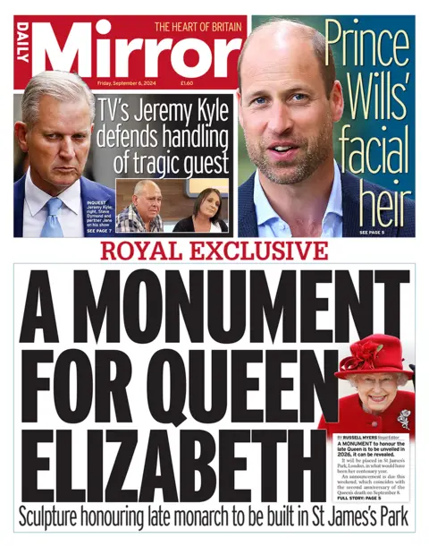 The headline in the Mirror reads: "A monument for Queen Elizabeth". 