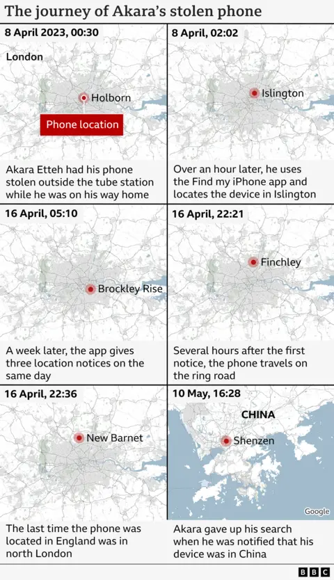 A map showing the phone's locations popping up across London, before appearing in China.