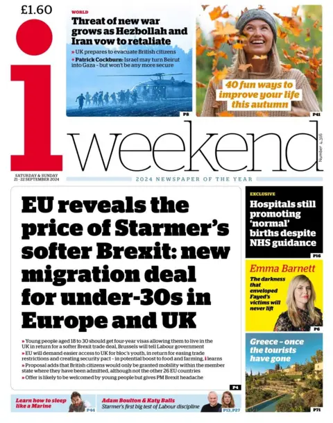 The i headline reads: EU reveals the price of Starmer's softer Brexit: new migration deal for under 30s in Europe and UK