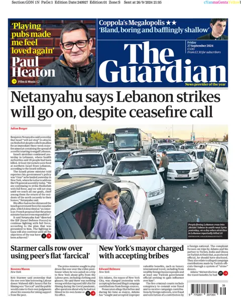 The front page of the Guardian. The headline reads: 'Netanyahu says Lebanon strikes will go on, despite ceasefire call'.