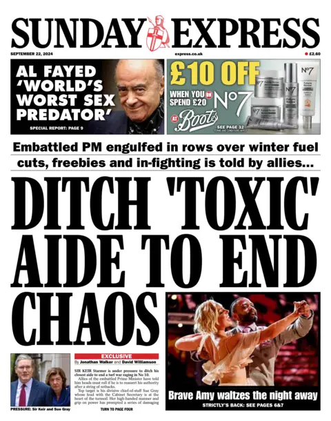 The Sunday Express headline reads: Ditch 'toxic' aide to end chaos 