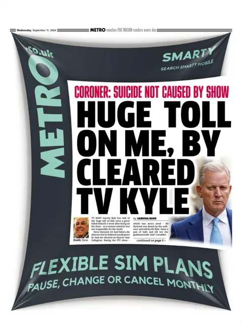 Metro front page with headline "Huge toll on me, by cleared TV Kyle"