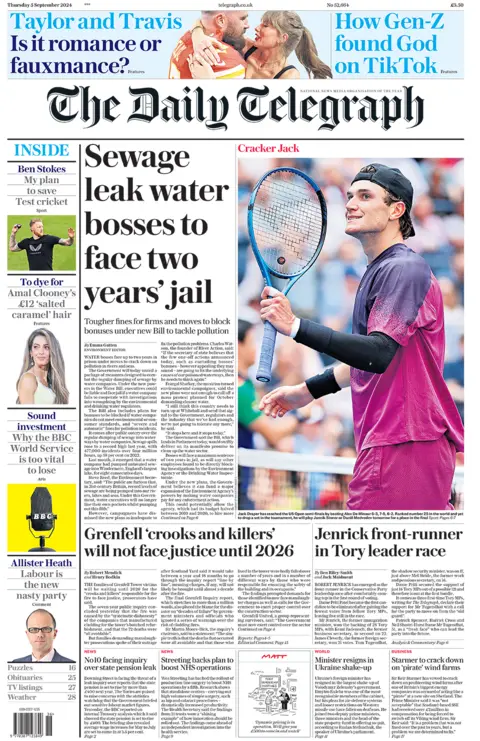 The headline in the Daily Telegraph reads: "Sewage leak water bosses to face two years' jail". 