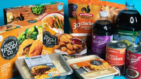 BBC Various food packets from Tesco and Aldi pictured on a blue background. It shows placed next to each other - bottles of squash, tins of chilli con carne, cottage pie ready meal pack, chicken kiev packs and bags of chicken nuggets from each store, with the relevant logo.