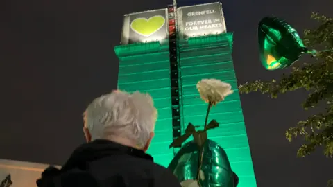 BBC Balloons are let go from the bottom of Grenfell Tower, as dark falls