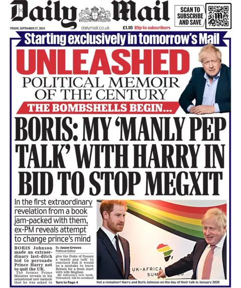 The front page of the Daily Mail. The headline reads: 'Boris: My 'manly pep talk' with Harry in bid to stop Megxit'.