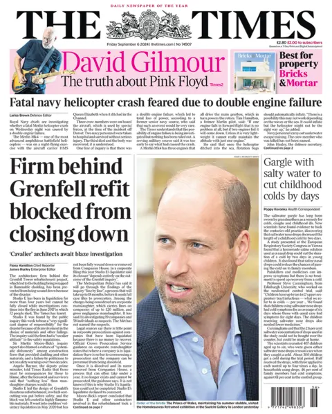 The headline in the Times reads: "Firm behind Grenfell refit blocked from closing down". 