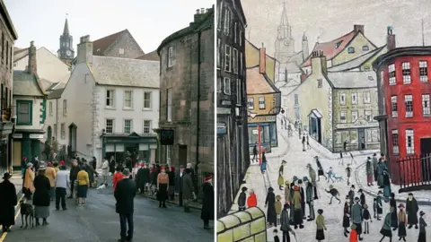 The Estate of LS Lowry/Charlotte Payn On the right side a Lowry painting of Bridge Street in Berwick with the traditional matchstick men and dogs. On the right a modern recreation of it with people dressed in the same way and standing in similar positions  