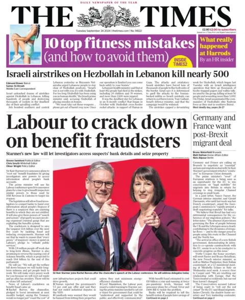 The front page of the Times. The headline reads: 'Labour to crack down on benefit fraudsters'.