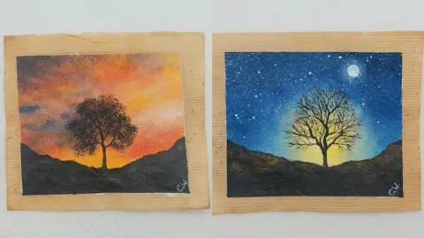 Caroline West The Sycamore Gap tree on used teabags. One is during a glowing orange sunset, the other in front of a starry night time sky.