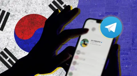 BBC A hand in front of the Korean flag uses the app Telegram on a phone