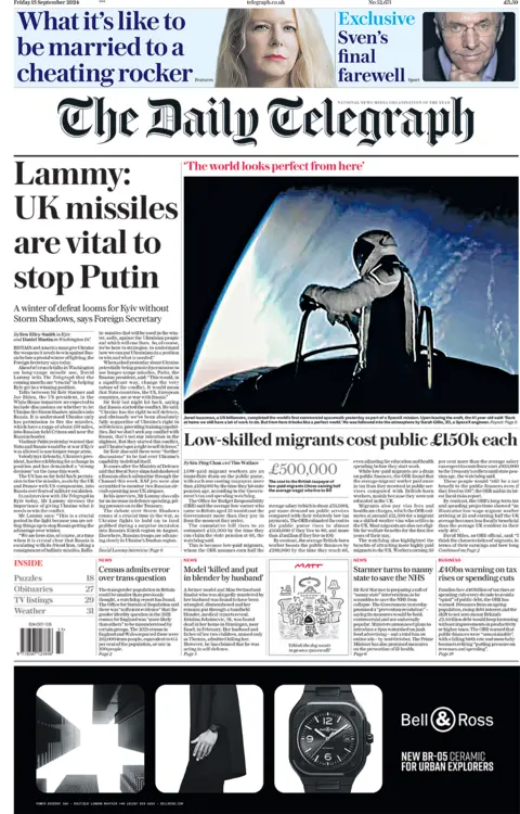 Daily Telegraph headline reads: Lammy: UK missiles are vital to stop Putin