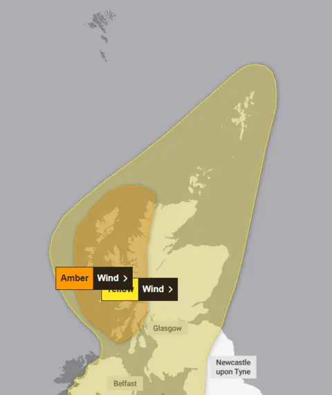 Met Office A Met Office map showing the yellow alert area covering the Northern Iels and the whole of Scotland as well as Northern Ireland. Withing the yellow area is a smaller amber alert shaded areas covering the Western Isles and western Scotland from Argyll to Cape Wrath. For both areas the warning for high winds