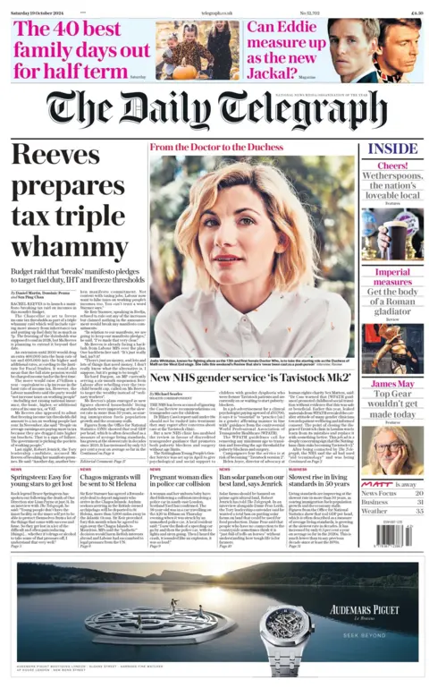 The headline of the Daily Telegraph reads "Reeves prepares tax triple whammy".