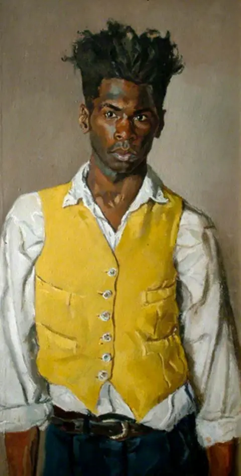 Desmond Haughton The artist has painted himself looking directly at you.  His hair stands up and he wears a yellow waistcoast.