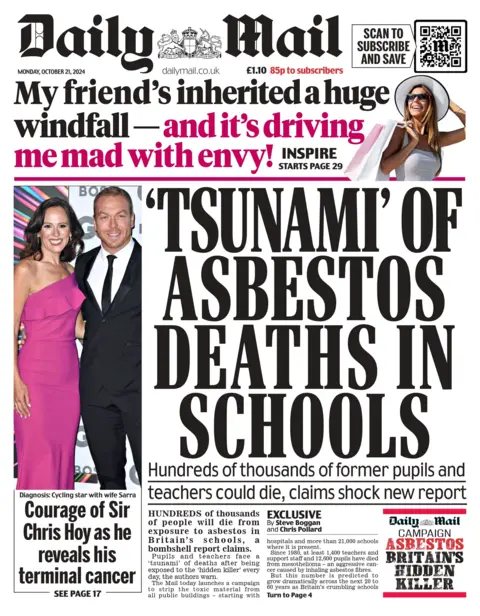 The front page of the Daily Mail reads: "'Tsunami' of asbestos deaths in schools"