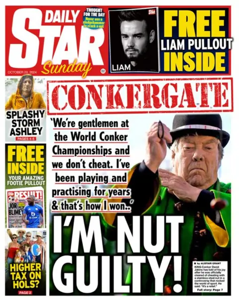 The Daily Star on Sunday front page reads: "Conkergate: I'm Nut Guilty"