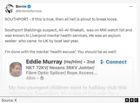 Tweet by Bernie Spofforth links to a screenshot of Eddie Murray's post, and reads: "SOUTHPORT - if this is true, then all hell is about to break loose. Southport stabbings suspect, Ali-Al-Shakati, was on MI6 watch list and was known to Liverpool mental health services. He was an asylum seeker who came to UK by boat last year. I'm done with the mental 'health excuse'. You should be as well!"