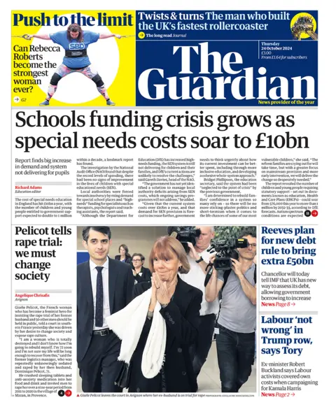 The headline in the Guardian reads: "Schools funding crisis grows as special needs cost soar to £10bn". 