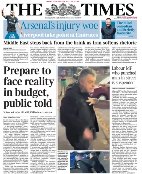 The main headline on the front page of the Times reads: "Prepare to face reality in budget, public told"