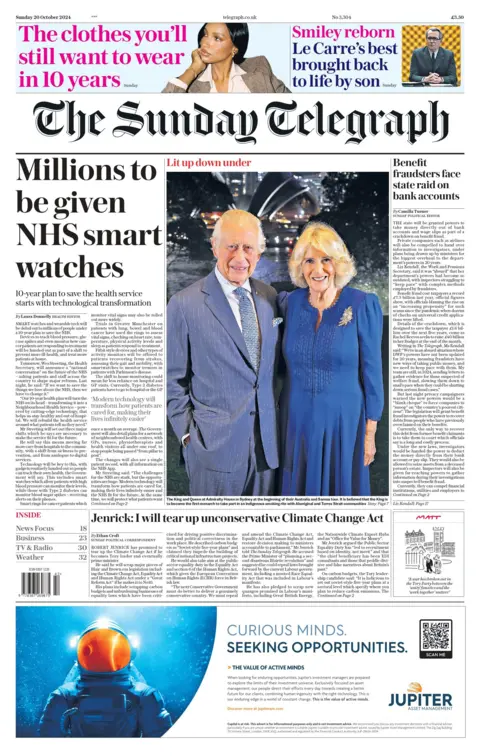 The Sunday Telegraph's headline reads: "Millions to be given NHS smart watches"