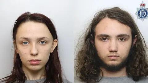 Cheshire Police Police mugshots of Scarlett Jenkinson, who has shoulder length hair dyed dark red, and Eddie Ratcliffe, who has shoulder length curly brown hair and a short beard