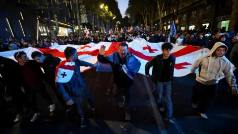 GIORGI ARJEVANIDZE/AFP Supporters of the ruling Georgian Dream party attend the party's final campaign rally in Tbilisi on October 23, 2024