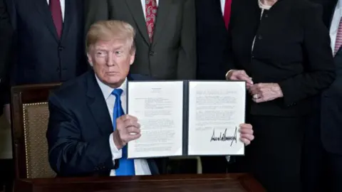 Getty Images US President Donald Trump holds up a signed presidential memorandum targeting China's economic aggression with a large signature in the Diplomatic Room of the White House in Washington, DC on Thursday, 22 March, 2018. He is wearing a navy suit, white shirt and blue tie. A group of people - whose heads are cut from the photo - stand behind him.