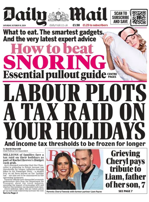 The Daily Mail's front page reads "Labour plots a tax raid on your holidays"