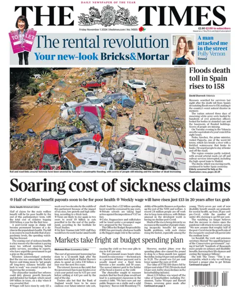 The headline in the Times reads: "Soaring cost of sickness claims". 