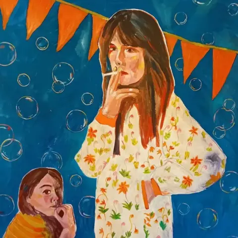 @gethintjones Natalie Chapman's painting Club Tropicana Dreams depicts her looking pensive and thoughtful, while her mother, towering above her, smokes a cigarette. The blue background shows bubbles and bunting 